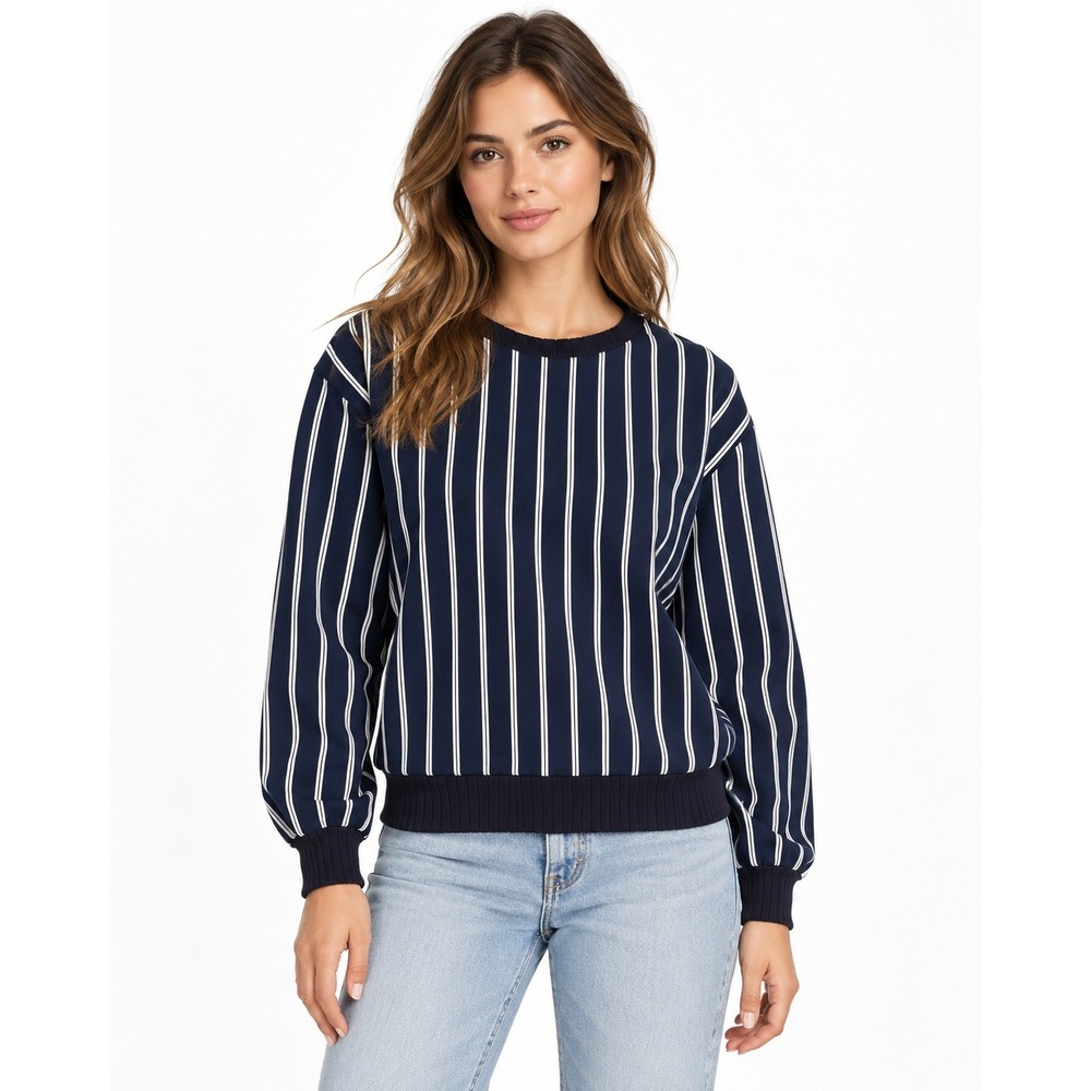 Zara Basic Striped Mixed Media Top Women S Navy Blue Excellent Layered Look